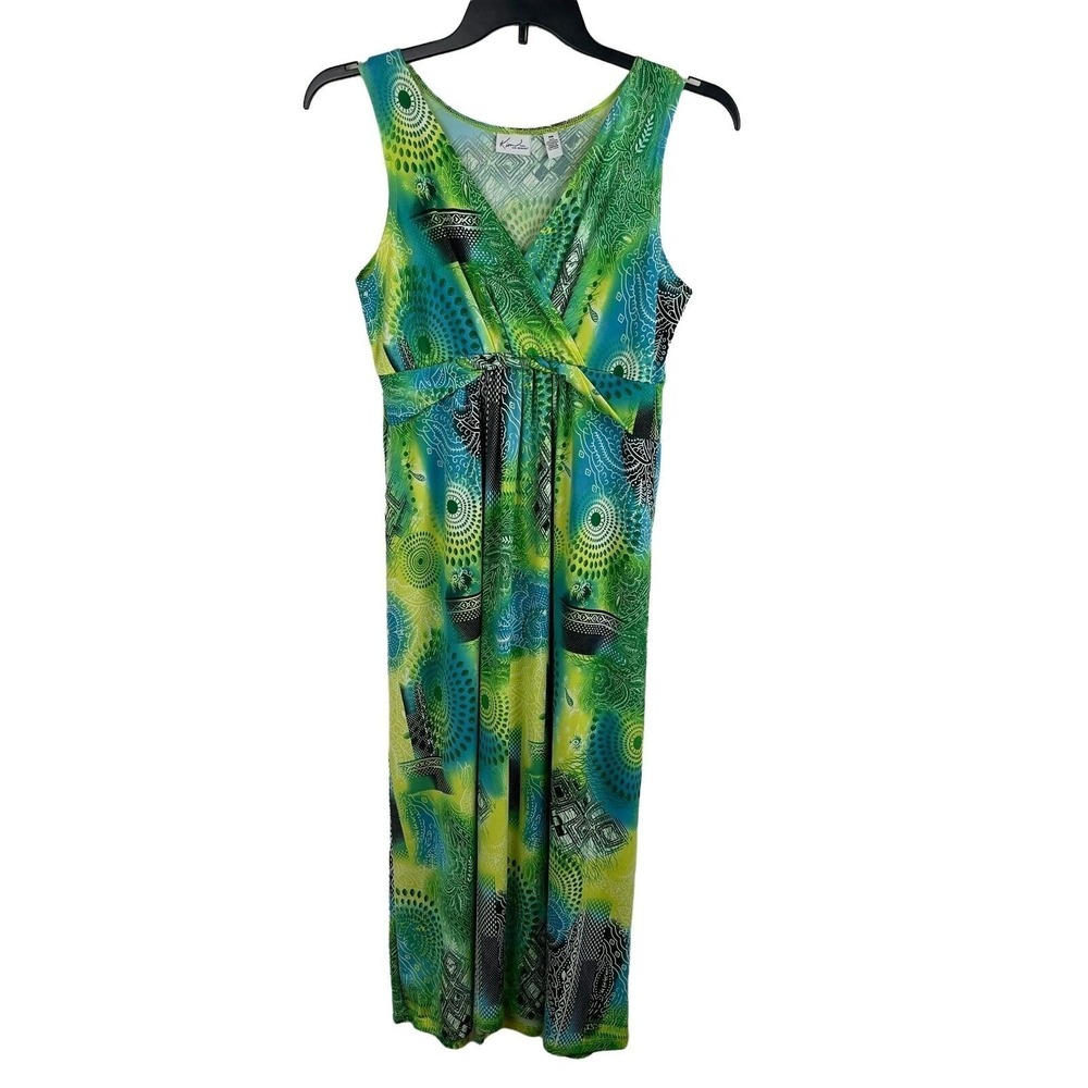 Kim Rogers Sleeveless Knee Dress Faux Wrap Women PM Green Geometric Print